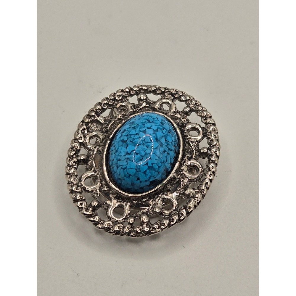 Vintage Faux Turquoise Scarf Slide Silver Tone Western Southwestern Filigree